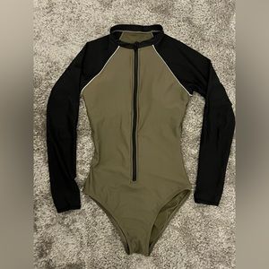 All in Motion one piece long sleeve swimwear olive green with black.